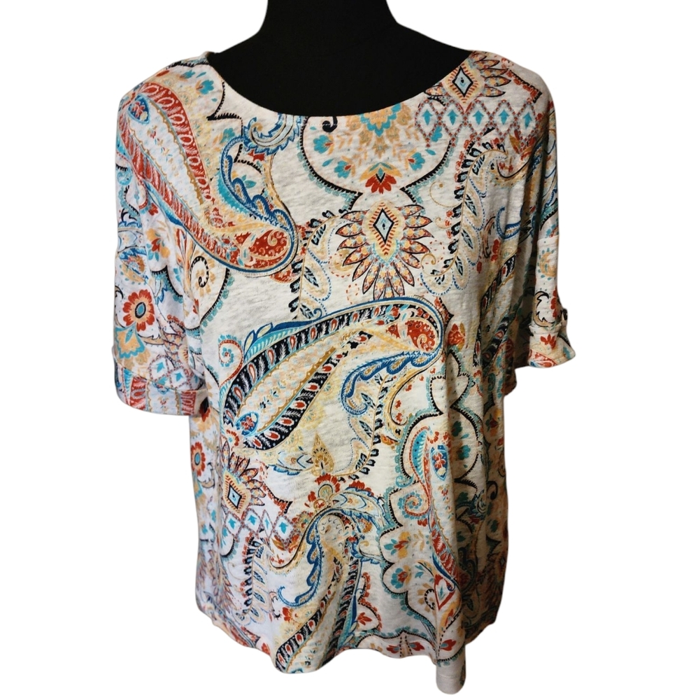 2/30 Chico's Size 1 (Medium)Paisley Print 100% Linen Top